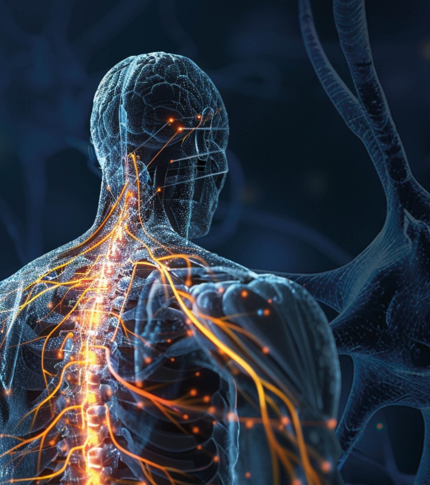 Digitale Darstellung eines menschlichen Körpers mit leuchtenden Nervenbahnen, die entlang der Wirbelsäule und in die Gliedmaßen verlaufen. Symbolisiert das zentrale Nervensystem.