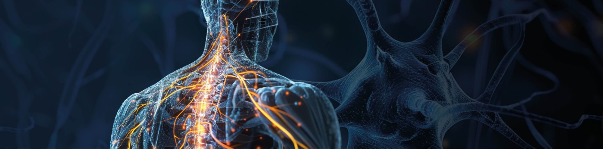 Digitale Darstellung eines menschlichen Körpers mit leuchtenden Nervenbahnen, die entlang der Wirbelsäule und in die Gliedmaßen verlaufen. Symbolisiert das zentrale Nervensystem.