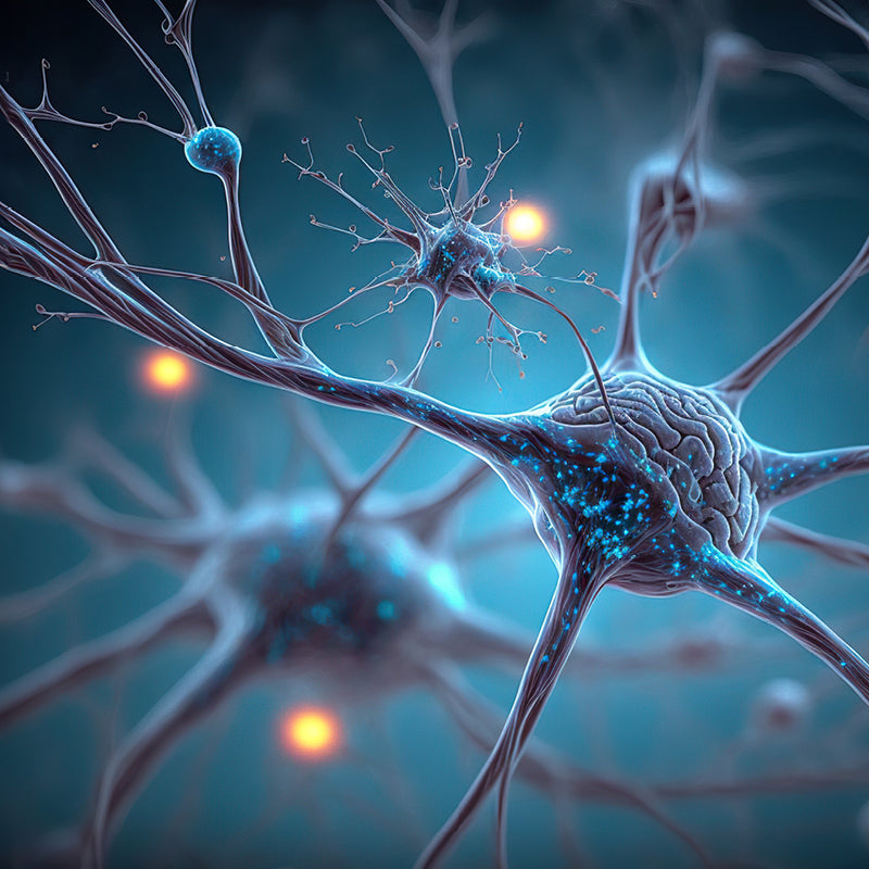Detailreiche 3D-Illustration mehrerer blauer Nervenzellen mit elektrischen Impulsen auf dunklem Hintergrund. Symbolisiert das Nervensystem und die Signalweiterleitung bei neurologischen Prozessen.