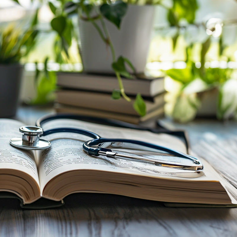 Stethoskop liegt auf einem aufgeschlagenen medizinischen Fachbuch, im Hintergrund Bücherstapel und grüne Zimmerpflanzen. Symbolisiert medizinisches Wissen und Naturverbundenheit.