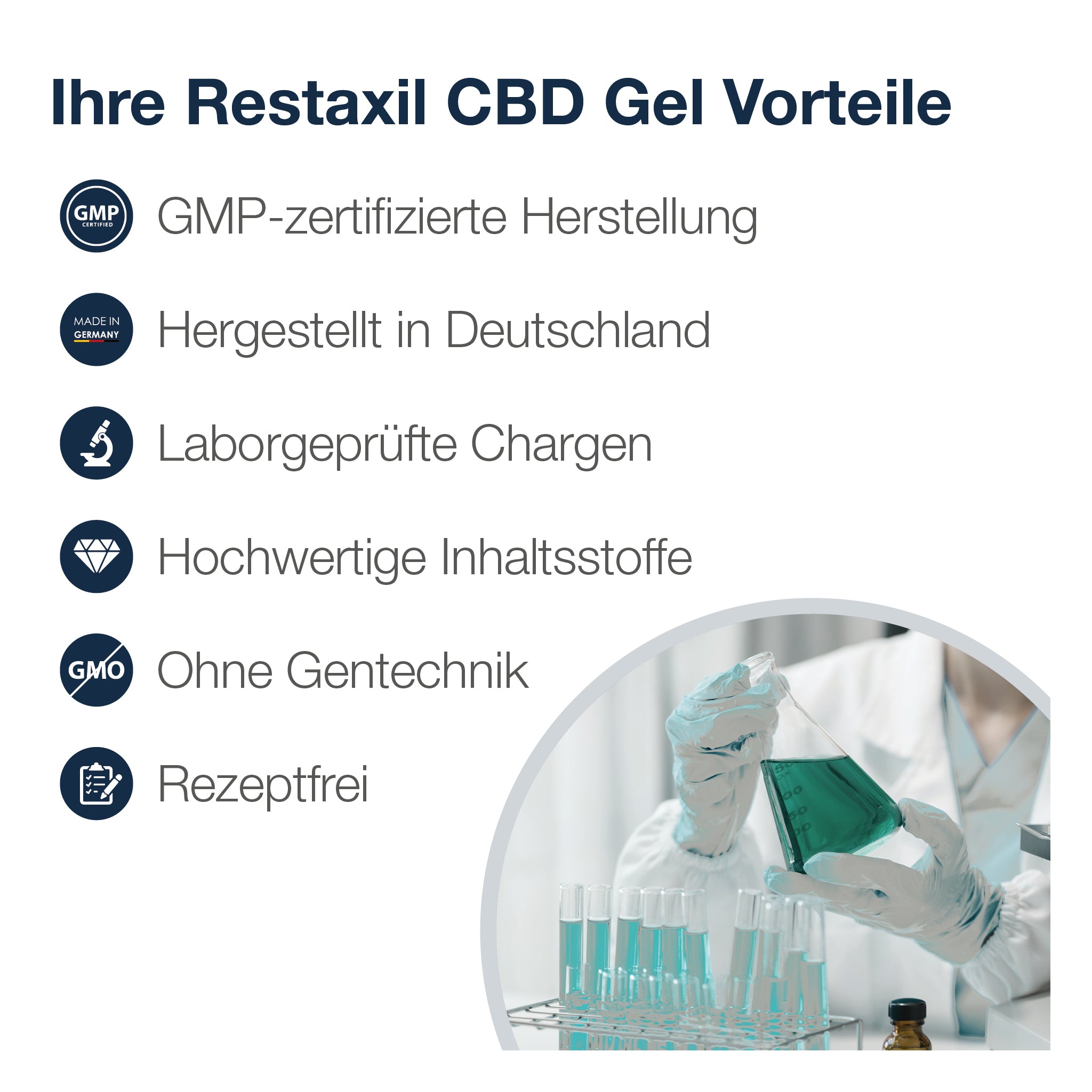 iste der Vorteile: GMP-zertifizierte Herstellung, hergestellt in Deutschland, laborgeprüfte Chargen, hochwertige Inhaltsstoffe, ohne Gentechnik, rezeptfrei. Rechts im Bild Laborperson mit Reagenzglas.
