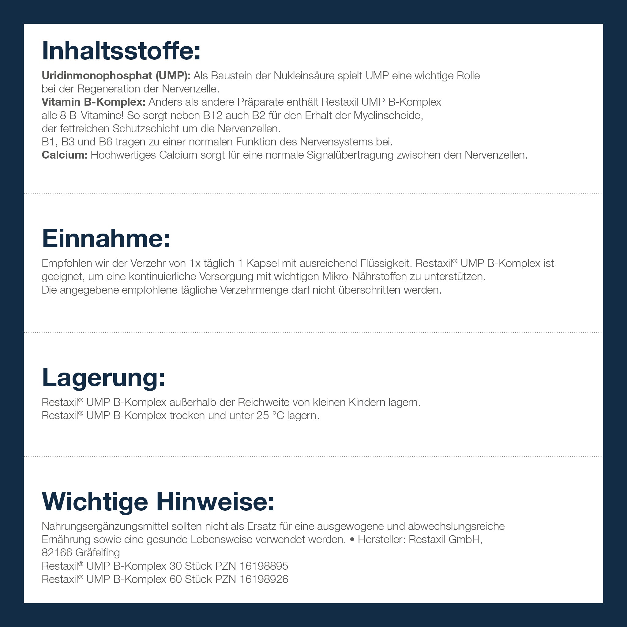 Textliche Informationen zu Inhaltsstoffen, Einnahme (1 Kapsel täglich), Lagerung (unter 25 °C, kindersicher), und Hinweis: kein Ersatz für ausgewogene Ernährung. Hersteller- und PZN-Angaben unten.