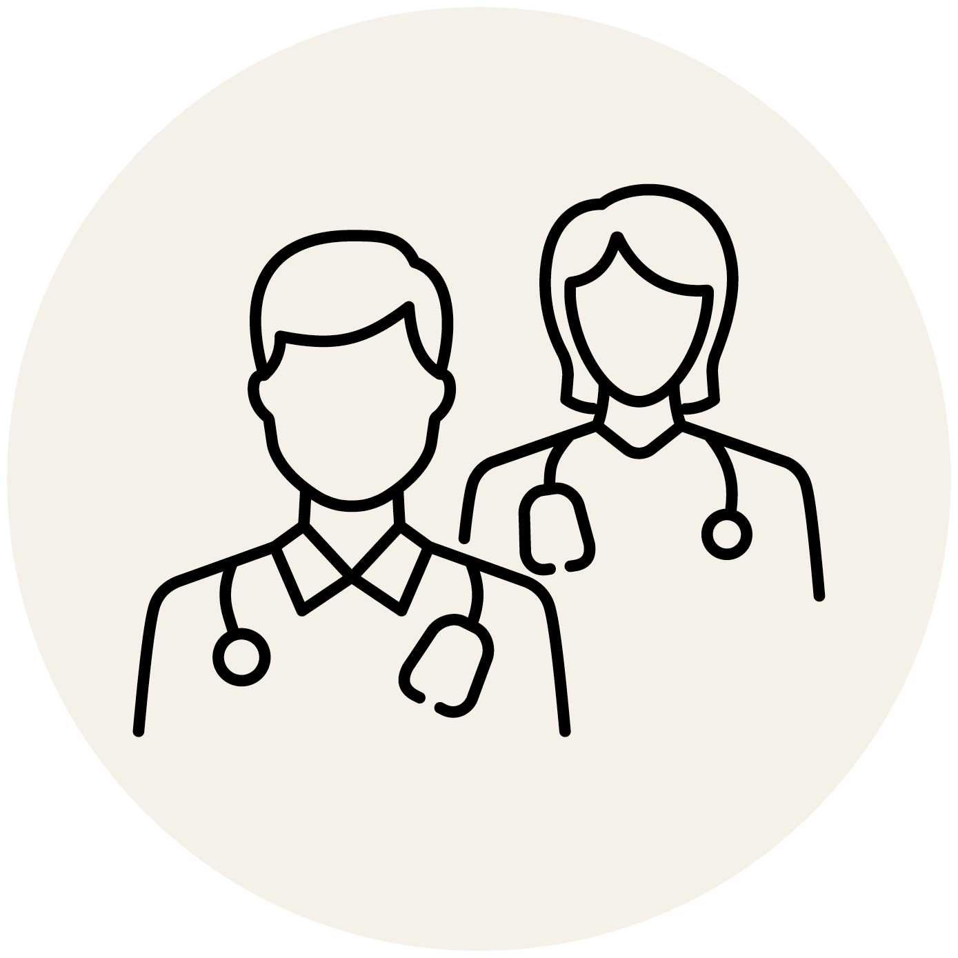 Symbolgrafik von zwei medizinischen Fachkräften mit Stethoskopen – steht für fundiertes medizinisches Fachwissen.