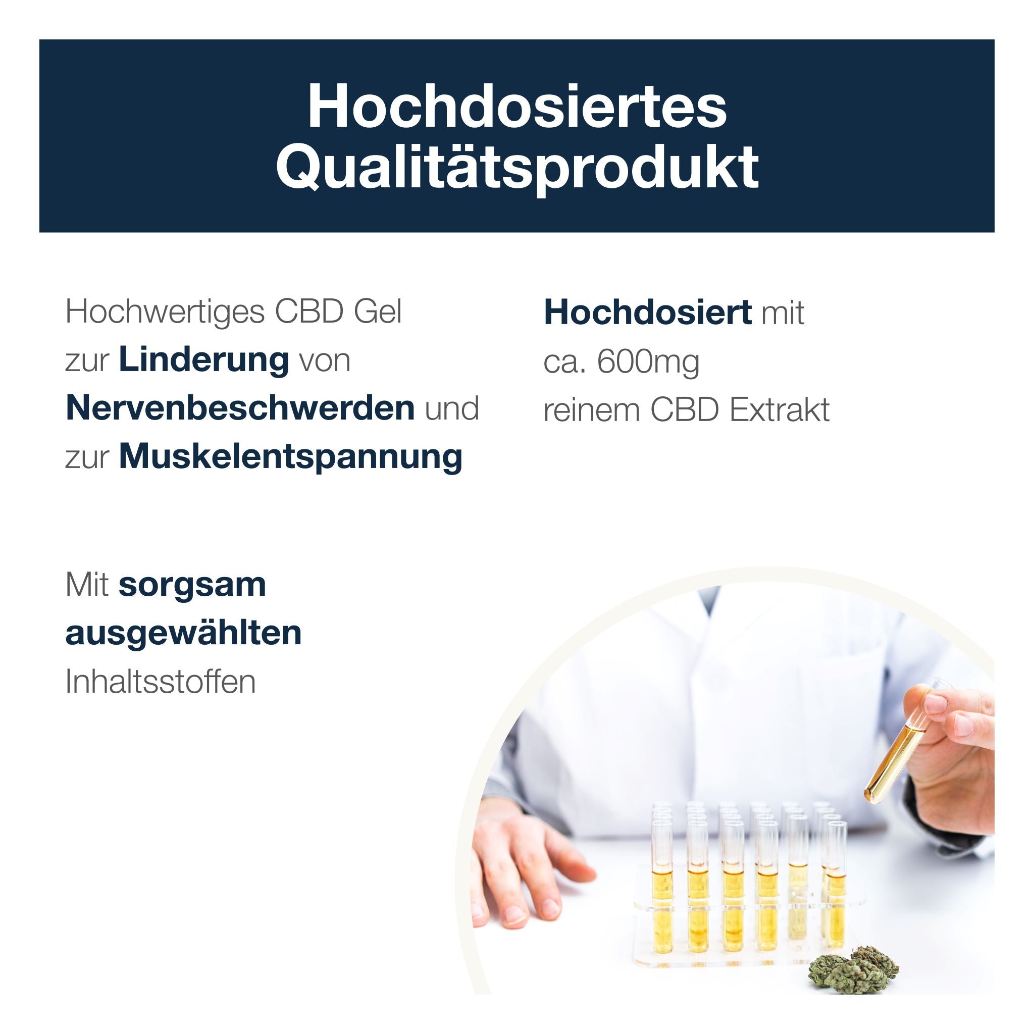 Text: Hochdosiertes Qualitätsprodukt mit ca. 600 mg CBD zur Linderung von Nervenbeschwerden & Muskelverspannung. Foto zeigt Laborperson mit Pipette und mehreren Probenröhrchen.