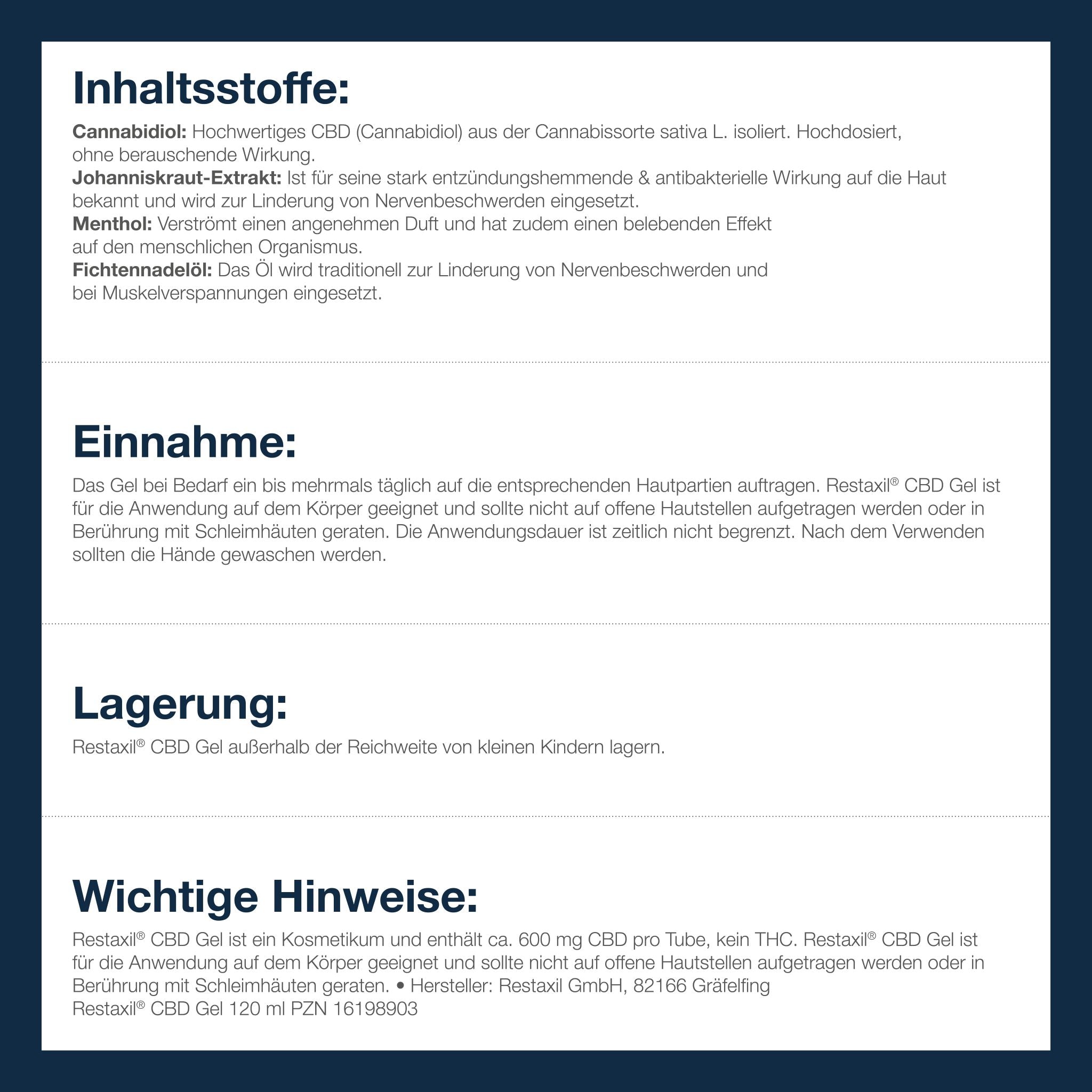 Textübersicht mit Infos zu Inhaltsstoffen, Anwendung, Lagerung und Hinweisen. Anwendung: äußerlich bei Bedarf, nicht auf offene Hautstellen oder Schleimhäute auftragen. Enthält 600 mg CBD, kein THC.