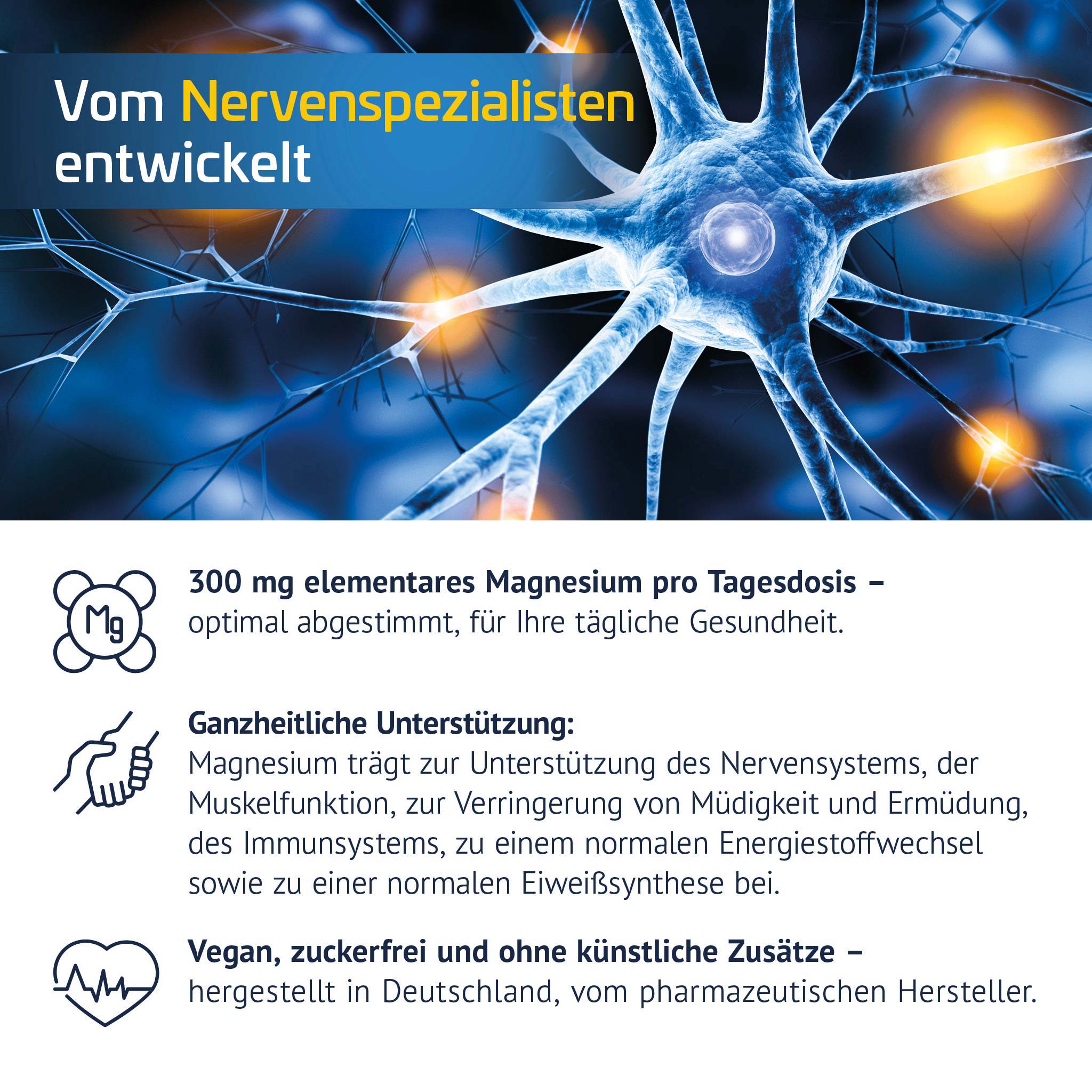 Visual eines Nervenzellnetzwerks mit Infos: 300 mg Magnesium täglich, unterstützt Nerven- und Muskelfunktion, ohne künstliche Zusätze, hergestellt in Deutschland.