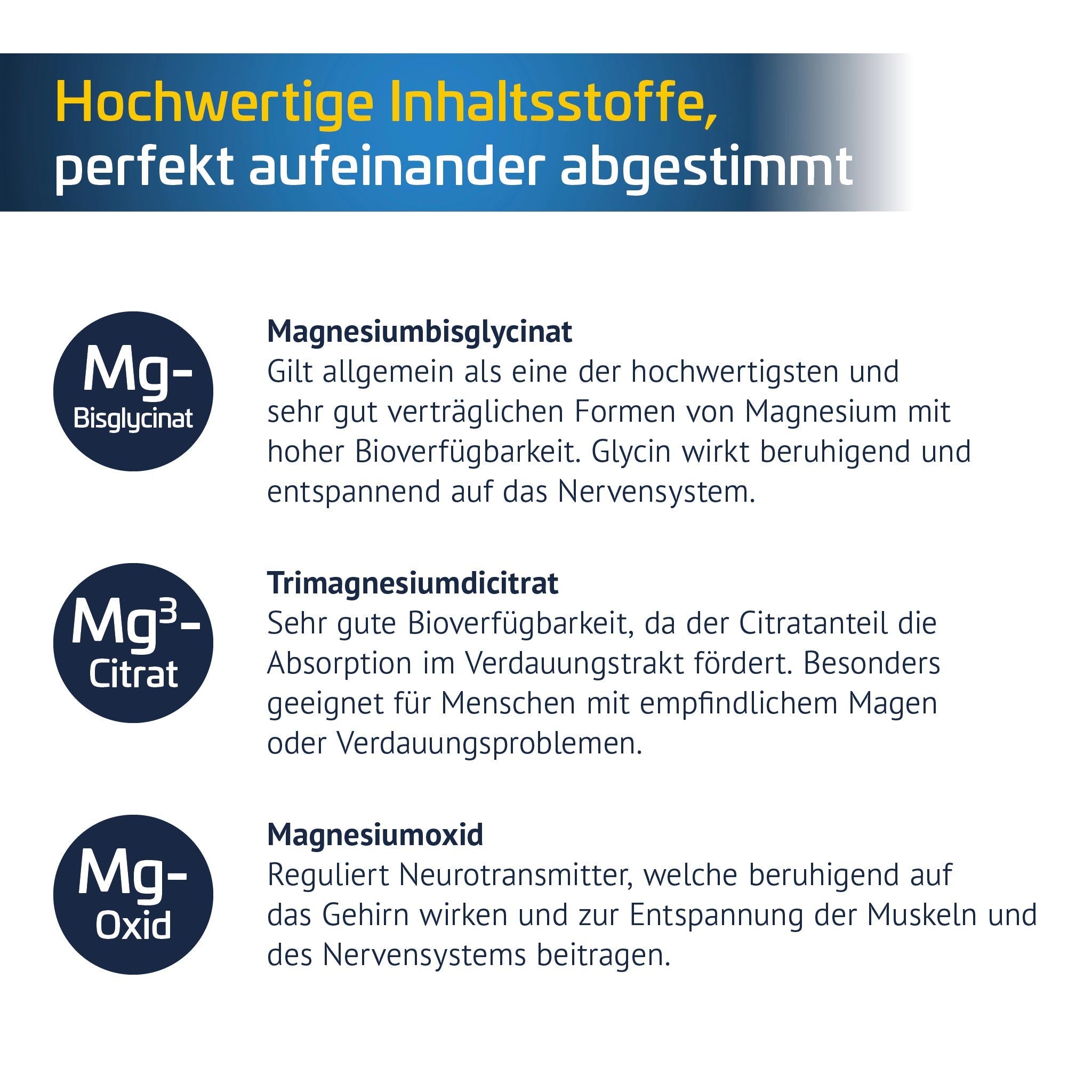Übersicht zu drei Magnesiumformen in Restaxil: Bisglycinat wirkt beruhigend, Citrat gut verträglich für Magen, Oxid reguliert Neurotransmitter. Jeweils mit Icon und kurzer Wirkbeschreibung.