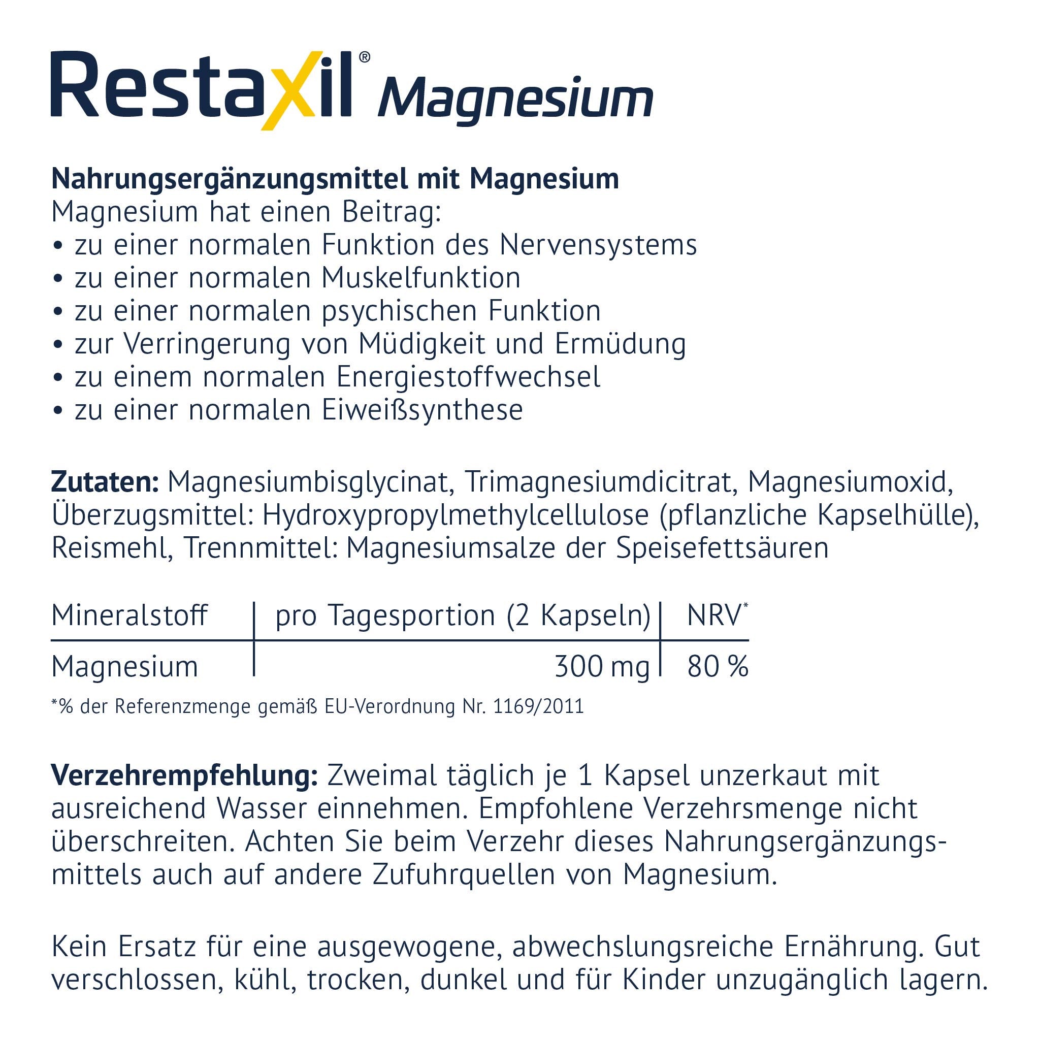 Restaxil Magnesium – Nahrungsergänzung mit 300 mg Magnesium aus drei Verbindungen. Unterstützt Nerven-, Muskel- und psychische Funktion. Mit Verzehrempfehlung und Hinweis auf Lagerung.