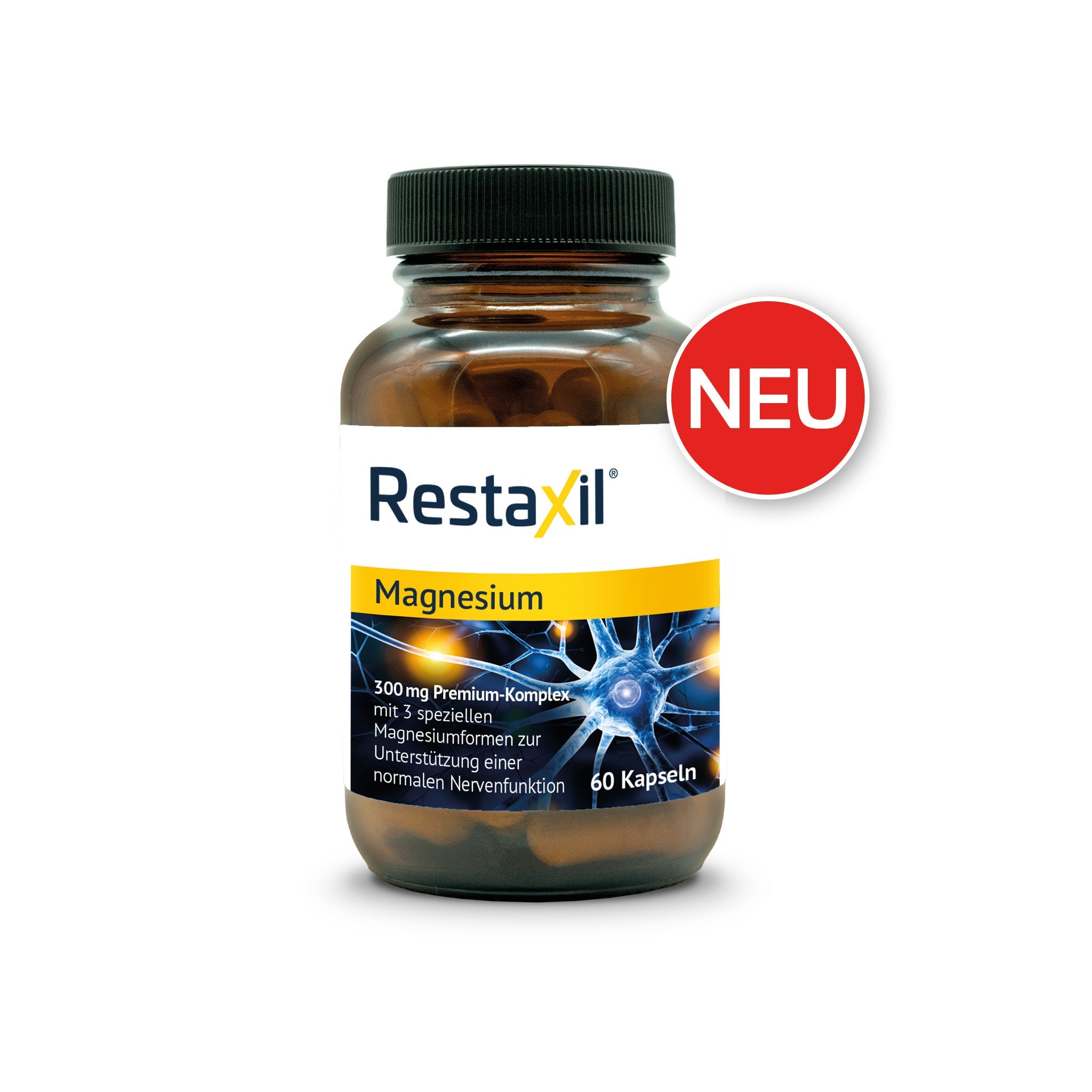 Restaxil Magnesium Glasflasche mit gelbem Etikett, Text zur Nervenunterstützung. Roter Kreis mit „NEU“ als Hinweis auf neues Produkt.