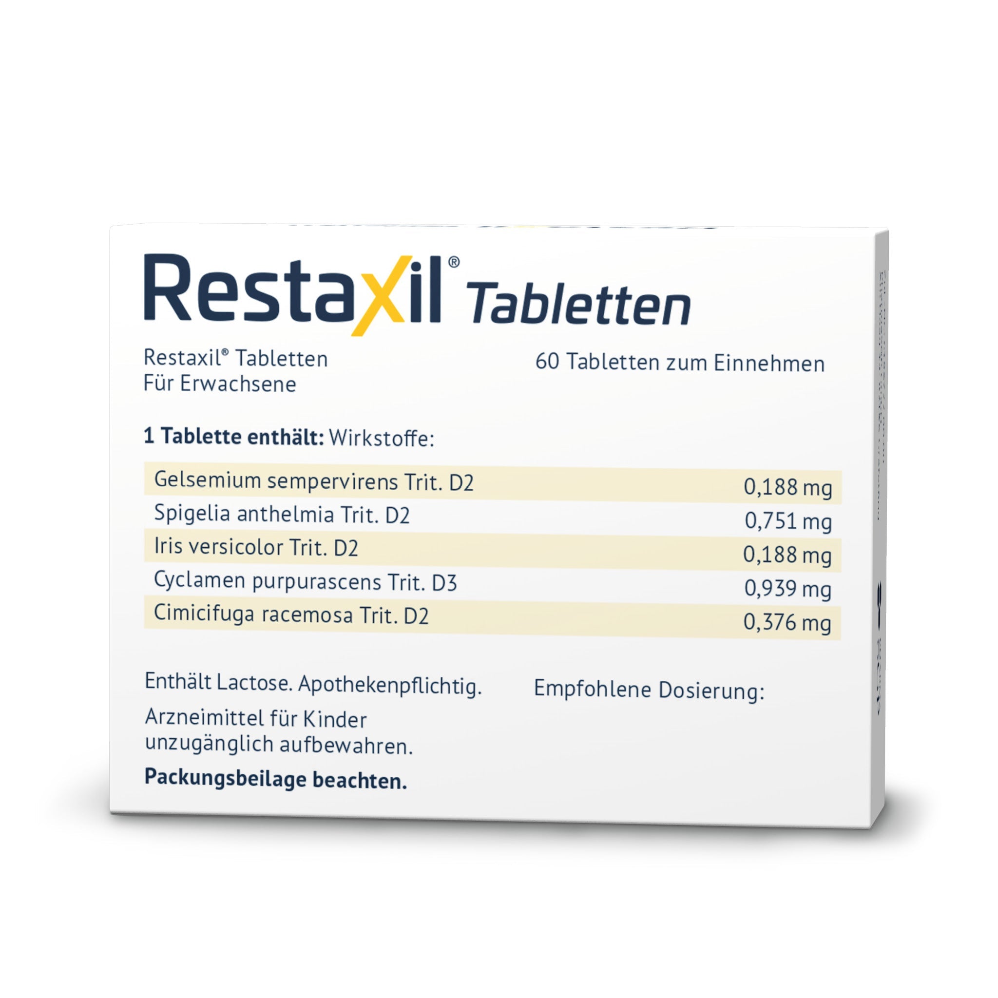 Rückseite der Verpackung mit Angaben zu den Wirkstoffen (u.a. Gelsemium, Spigelia, Iris, Cyclamen, Cimicifuga), Dosierung und Hinweis auf Apothekenpflicht und Lactosegehalt. Für Erwachsene.