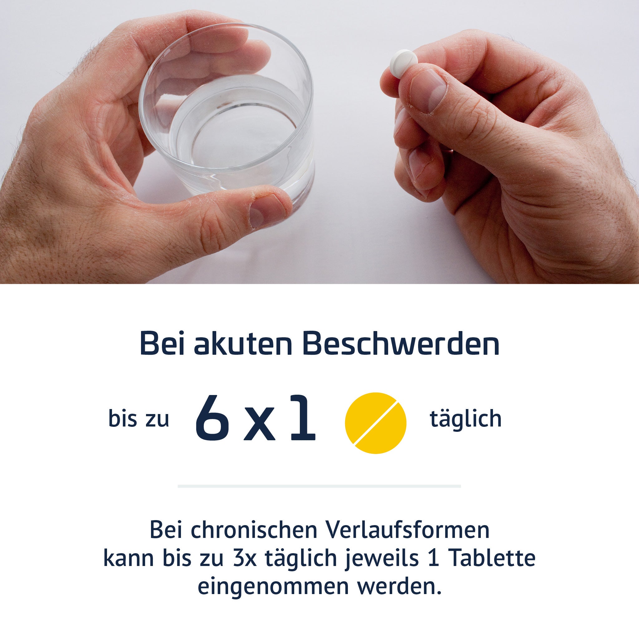 Zwei Hände mit Tablette und Wasserglas. Text: Bei akuten Beschwerden bis zu 6 Tabletten täglich, bei chronischem Verlauf bis zu 3 Tabletten täglich einnehmen.