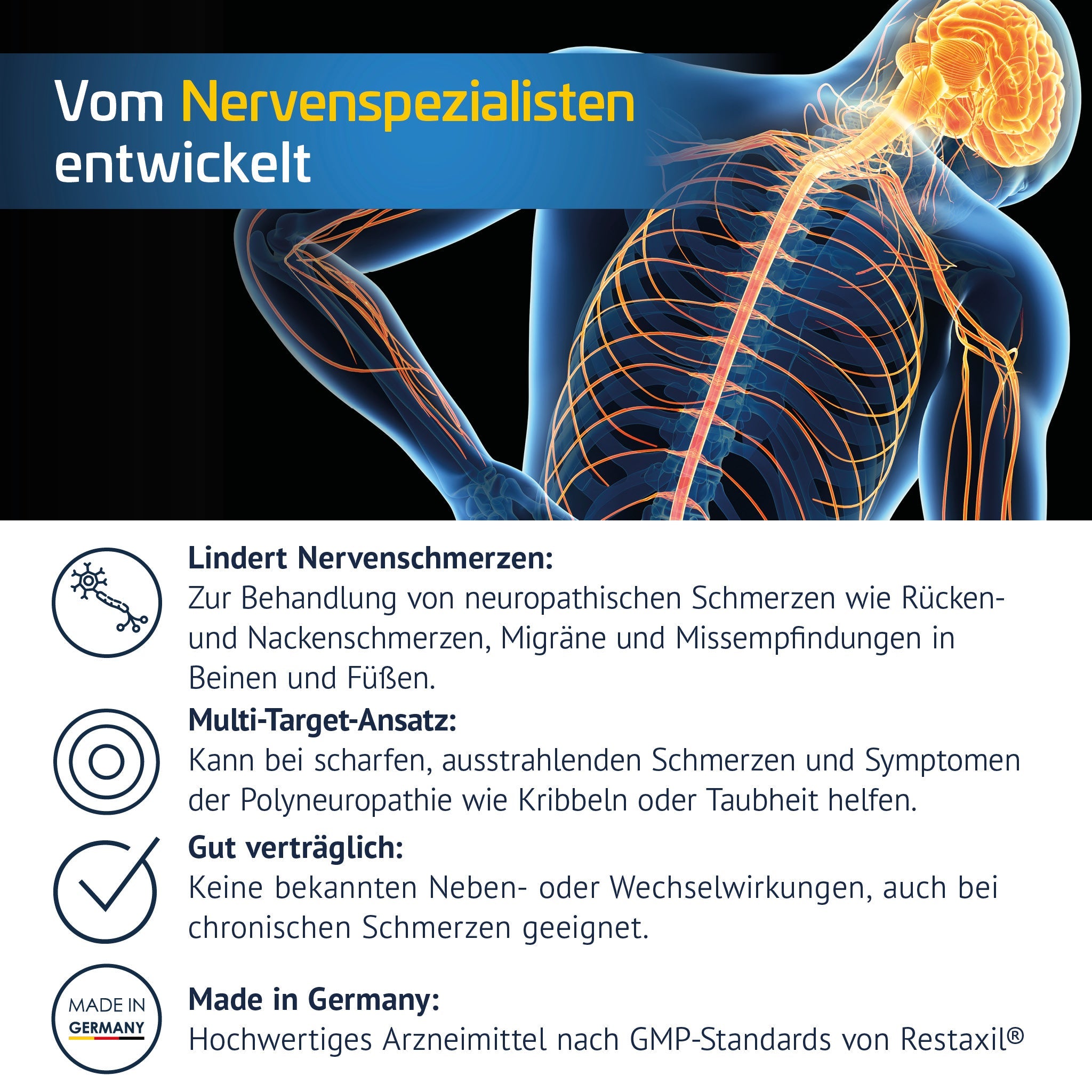 Abbildung eines Körpers mit hervorgehobenem Nervensystem. Text erklärt, dass das Produkt bei Nervenschmerzen, Polyneuropathie, Missempfindungen und Migräne hilft. Ohne bekannte Nebenwirkungen, hergestellt in Deutschland.