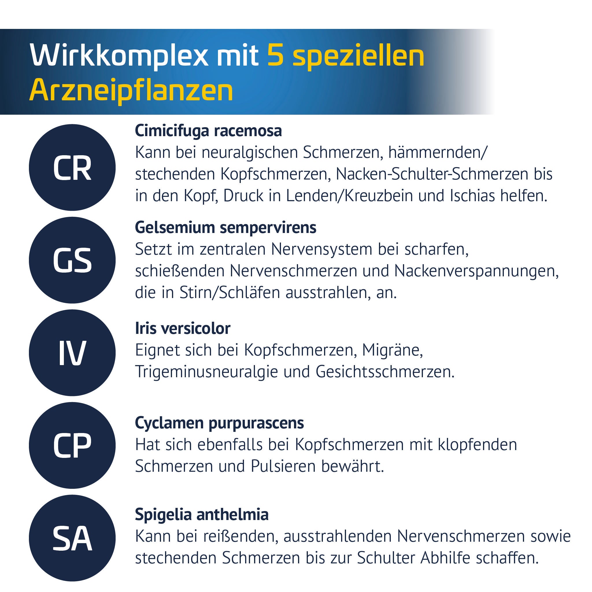 Grafik mit fünf natürlichen Wirkstoffen gegen Nervenschmerzen: Cimicifuga, Gelsemium, Iris versicolor, Cyclamen und Spigelia. Jeder Stoff ist mit Wirkung auf Nervenschmerzen oder Migräne beschrieben.