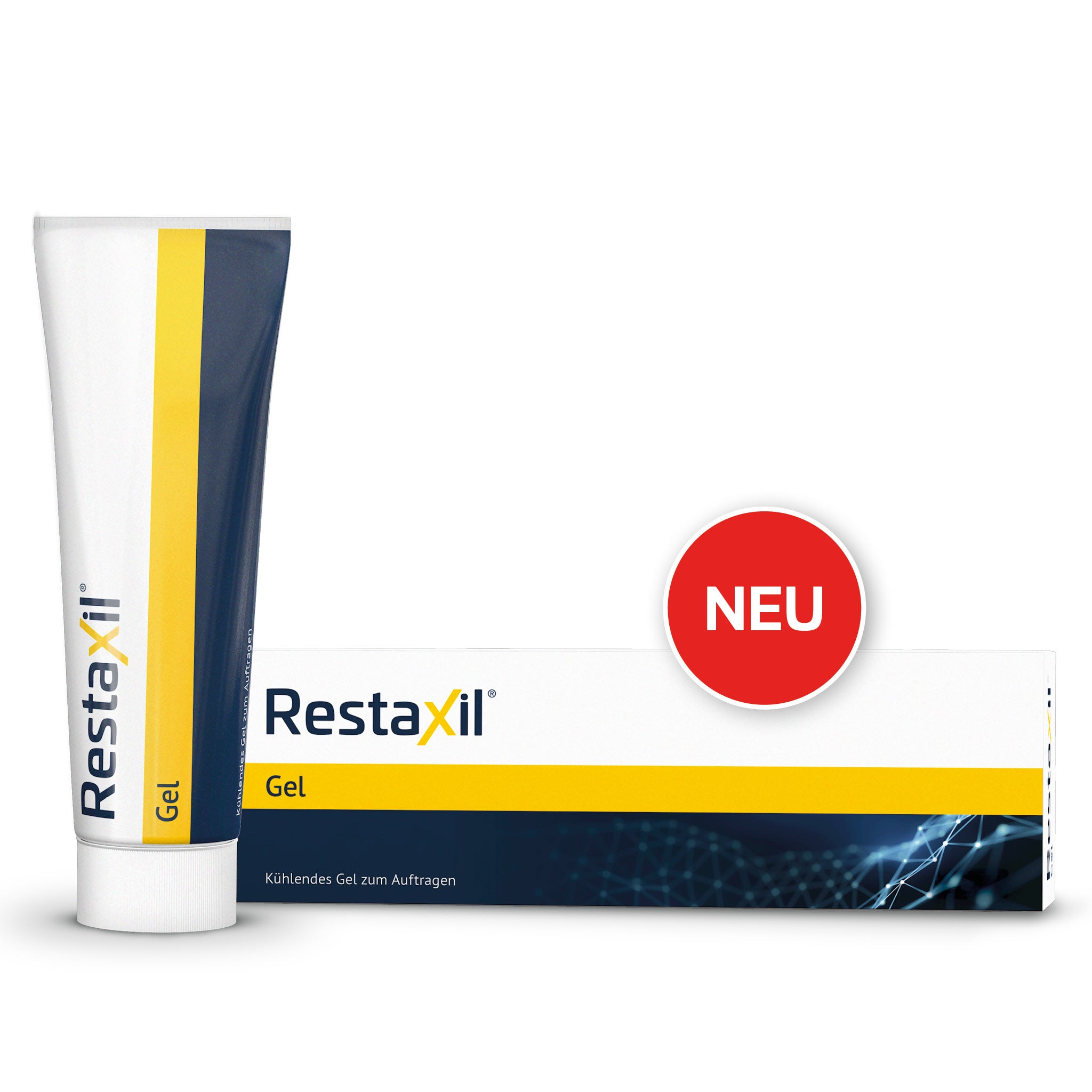 Produktabbildung von Restaxil® Gel: Tube und Verpackung mit blau-gelbem Design, rotem „NEU“-Hinweis, kühlendes Gel zum Auftragen.