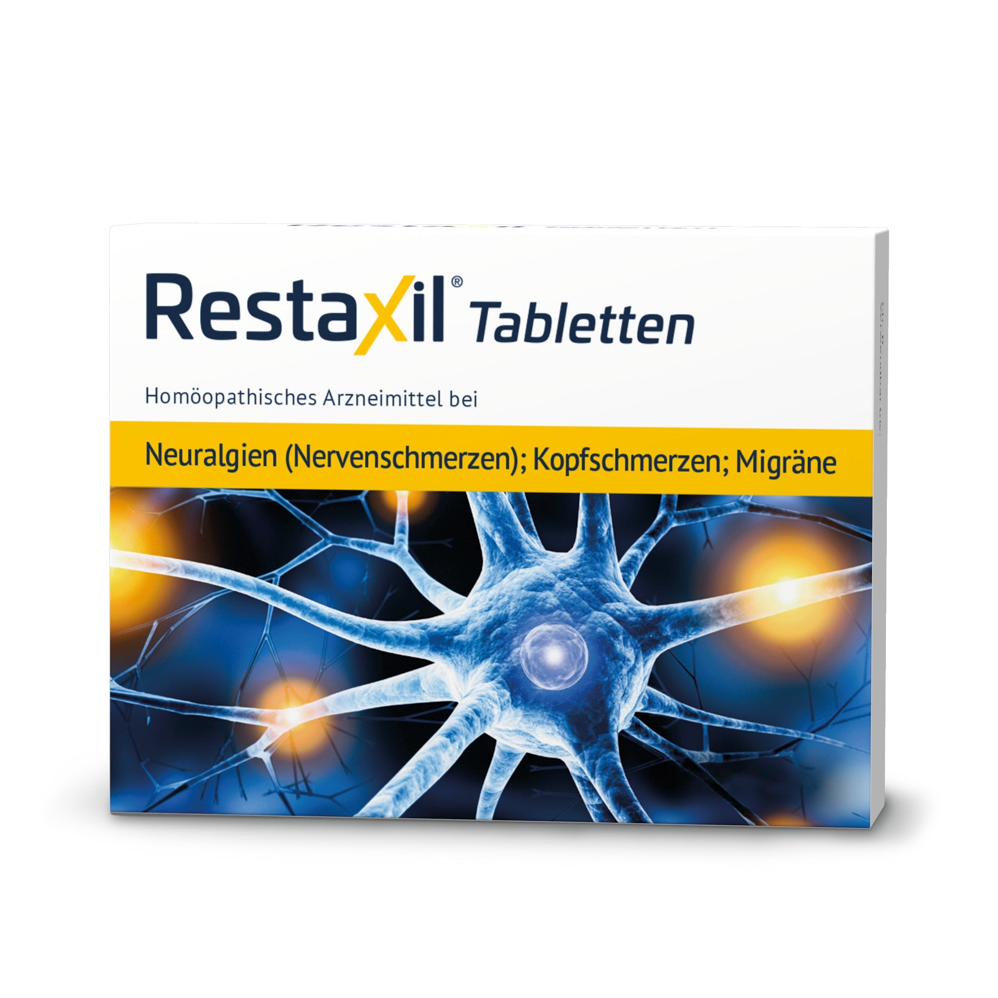 Verpackung von Restaxil Tabletten. Homöopathisches Arzneimittel zur Behandlung von Neuralgien (Nervenschmerzen), Kopfschmerzen und Migräne. Bild eines stilisierten Nervengeflechts im Hintergrund.