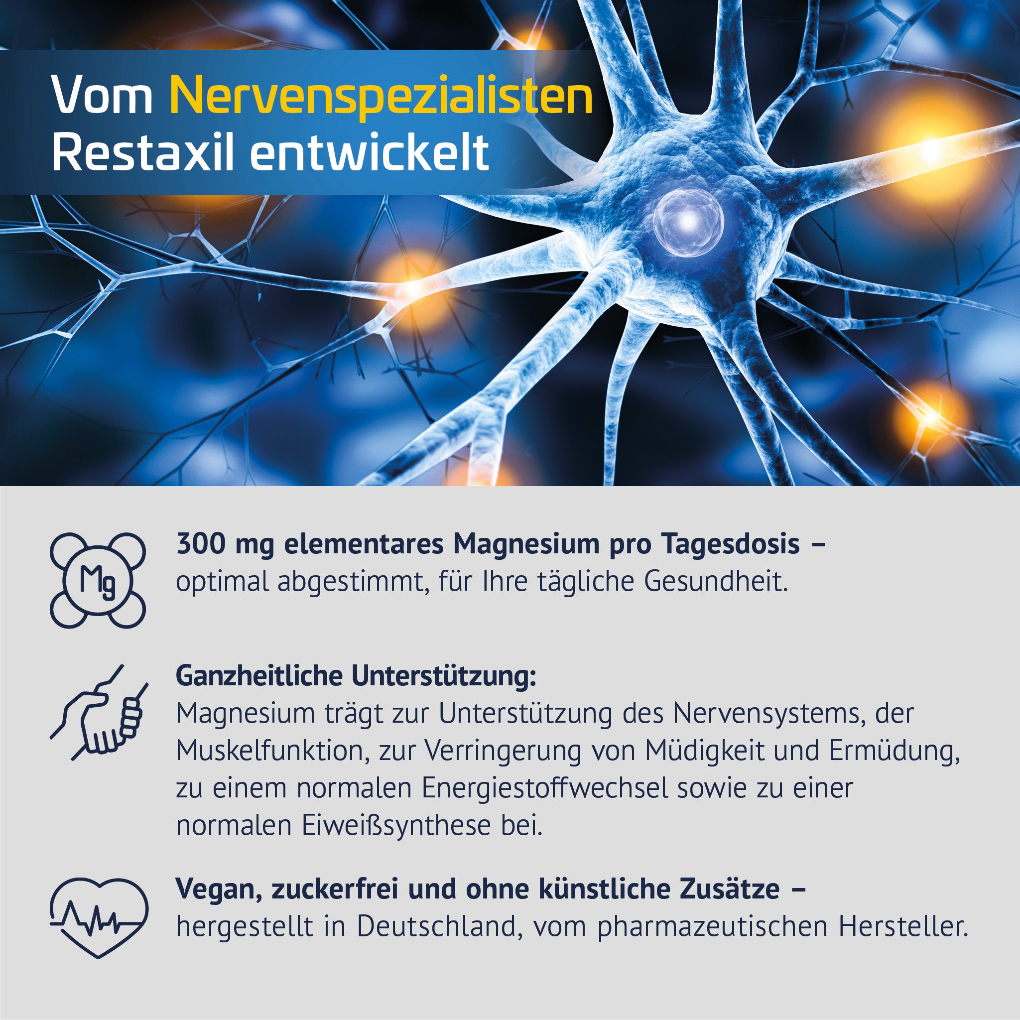 Visual eines Nervenzellnetzwerks mit Infos: 300 mg Magnesium täglich, unterstützt Nerven- und Muskelfunktion, ohne künstliche Zusätze, hergestellt in Deutschland.