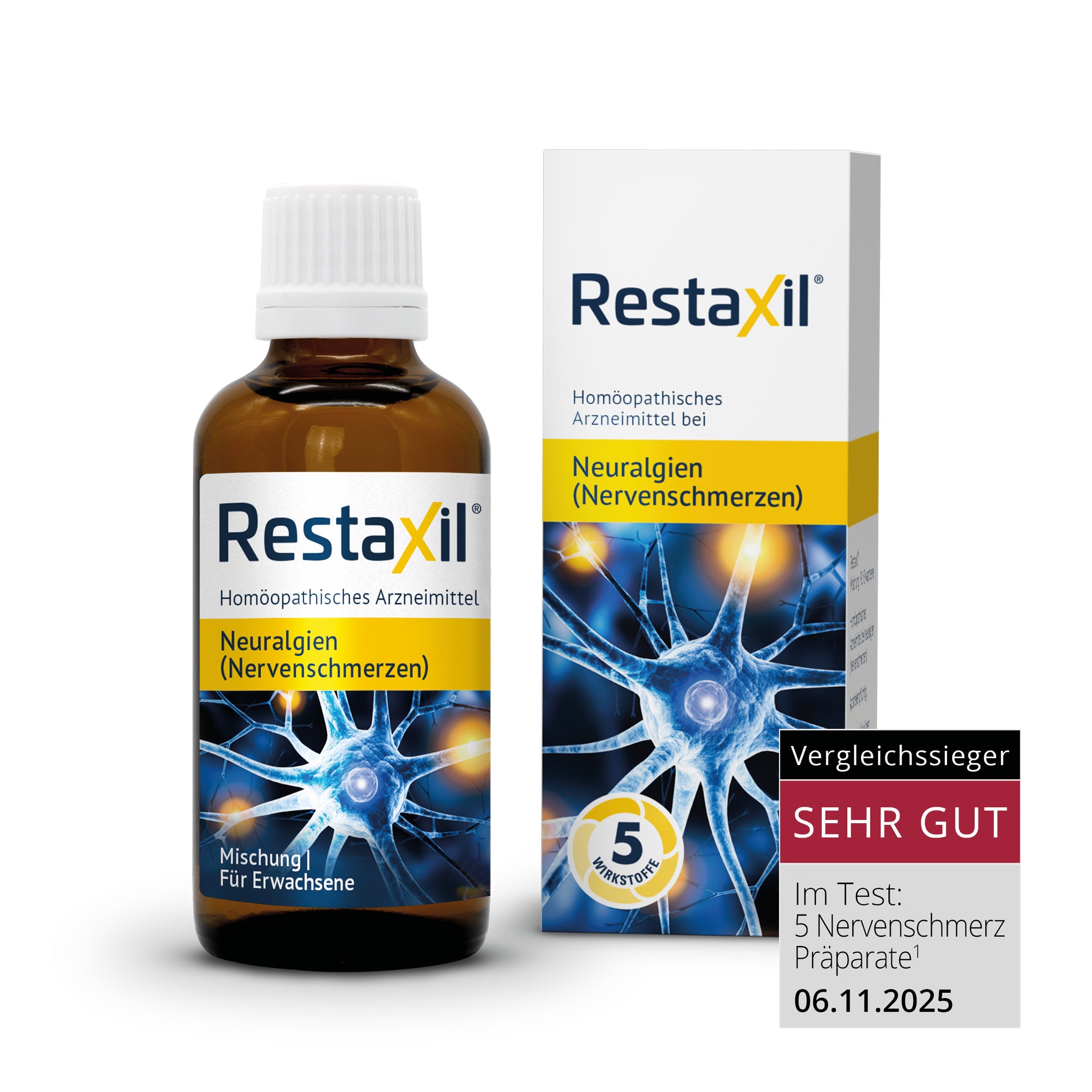 Flasche und Umkarton von Restaxil, darunter Hinweis „Vergleichssieger – Sehr gut (01.05.2024)“. Enthält 5 pflanzliche Wirkstoffe gegen Neuralgien, frei von bekannten Nebenwirkungen.