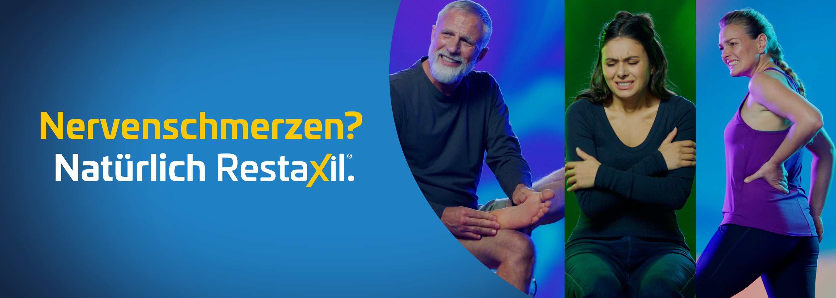 Mehrere Personen mit sichtbaren Nervenschmerzen an Fuß, Arm und Rücken vor blauem Hintergrund. Links steht der Text: ‚Nervenschmerzen? Natürlich RestaXil.