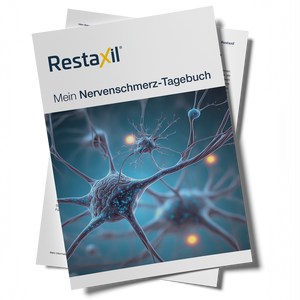 Aufgeschlagene Broschüre mit dem Titel „Restaxil – Mein Nervenschmerz-Tagebuch“ und einer Illustration von Nervenzellen auf dem Cover.