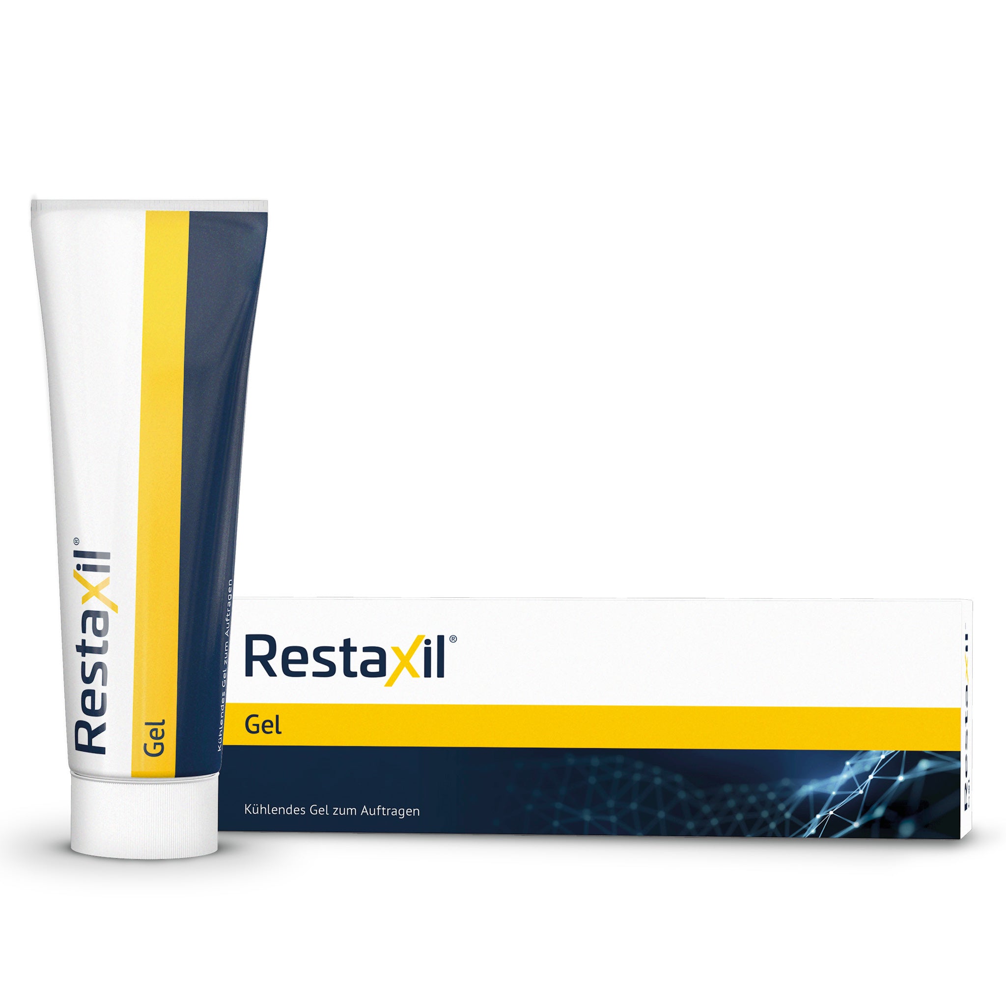 Produktabbildung von Restaxil® Gel: Tube und Verpackung mit blau-gelbem Design, rotem „NEU“-Hinweis, kühlendes Gel zum Auftragen.