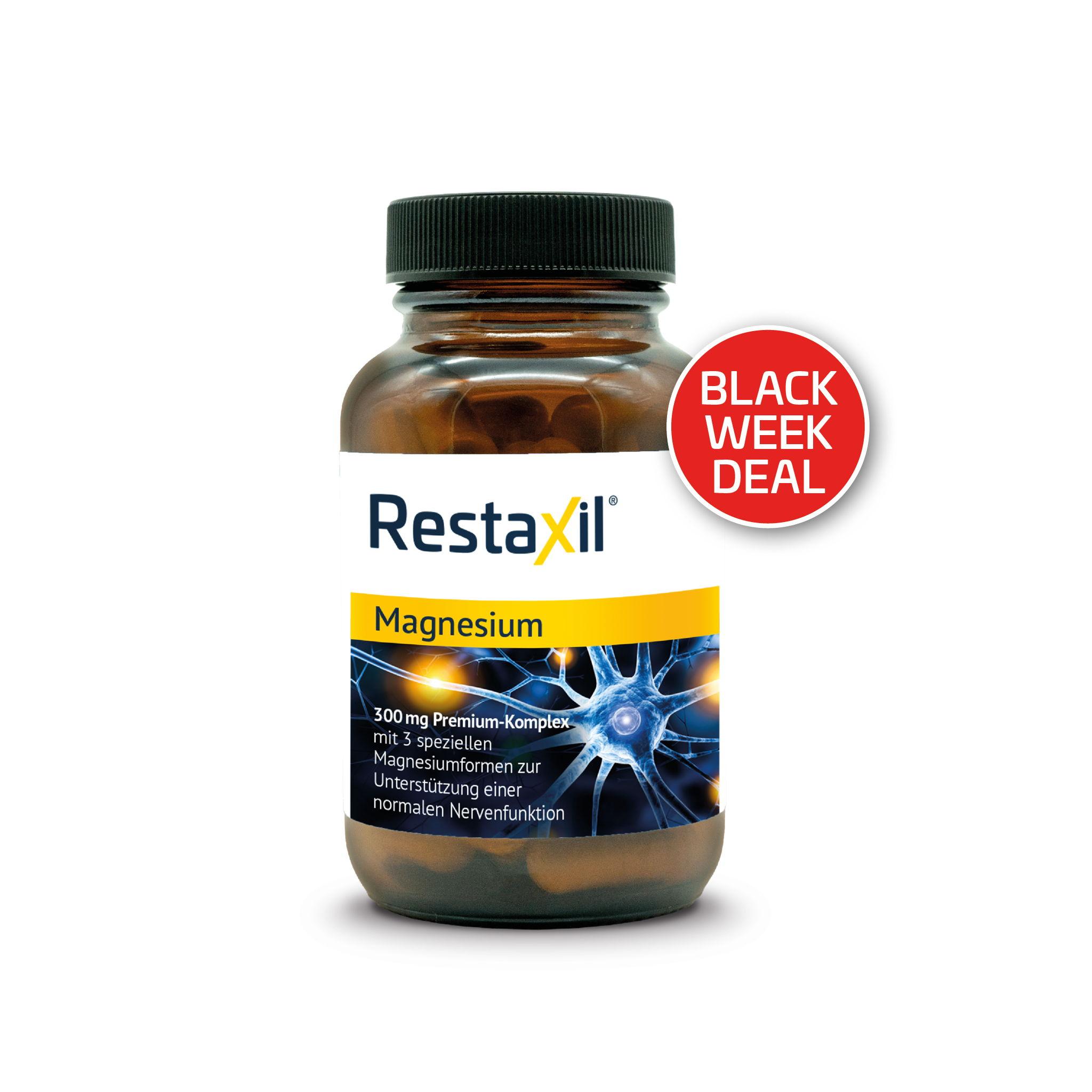 Restaxil Magnesium, 300 mg Premium-Komplex für normale Nervenfunktion, Braunglas mit Etikett und rotem ‚BLACK WEEK DEAL‘-Hinweis.