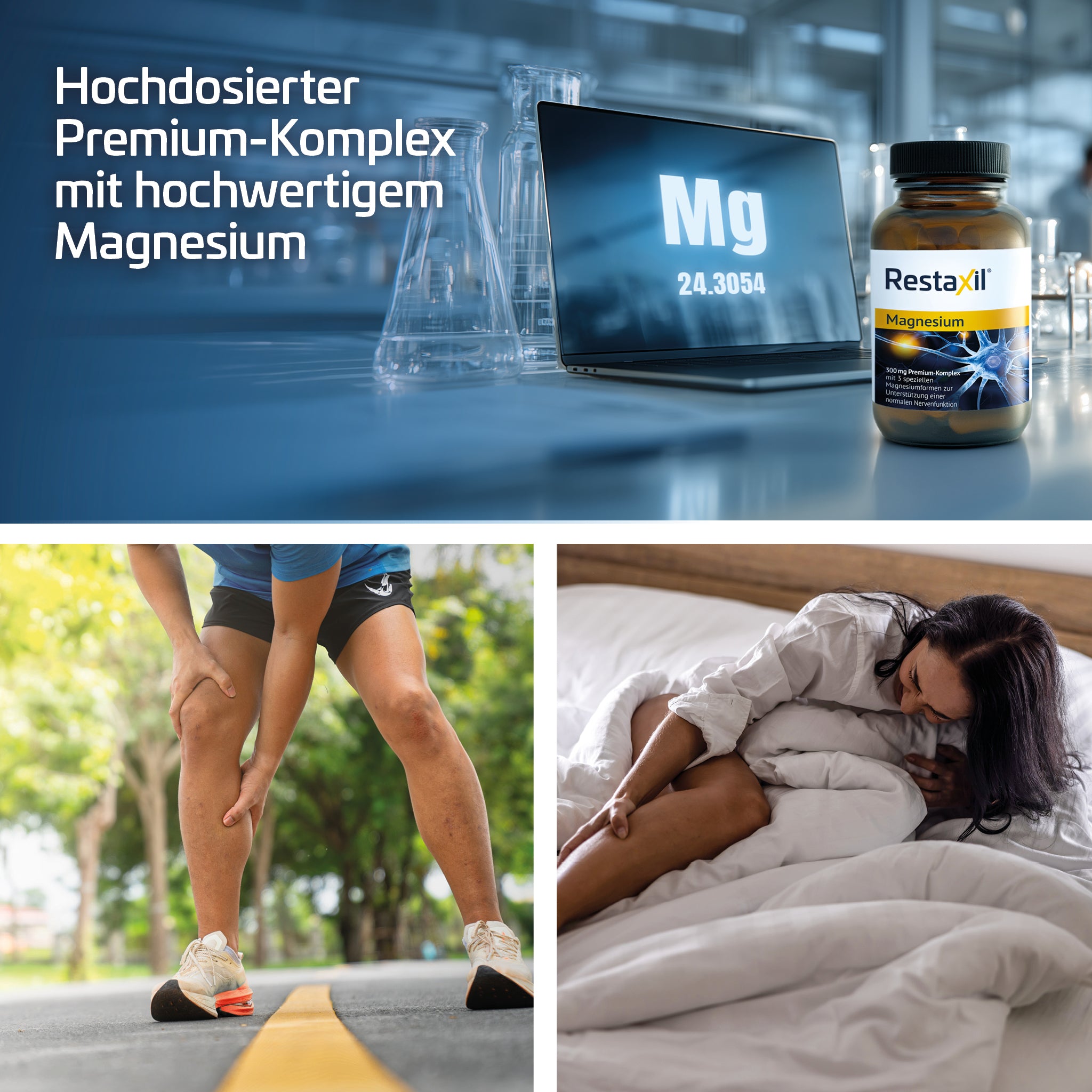 Restaxil Magnesium – hochdosierter Premium-Magnesium-Komplex, Produktabbildung mit Laborumgebung sowie Symbolbildern für Muskelkrämpfe und nächtliche Wadenkrämpfe