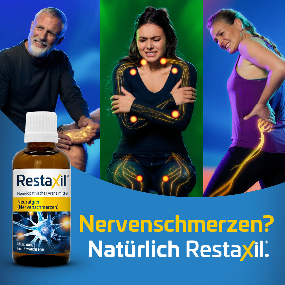 Werbebild für Restaxil: Drei Personen mit Nerven- und Rückenschmerzen, hervorgehobene Nervenpunkte am Körper. Links eine Flasche Restaxil. Text im Bild: „Nervenschmerzen? Natürlich Restaxil.“