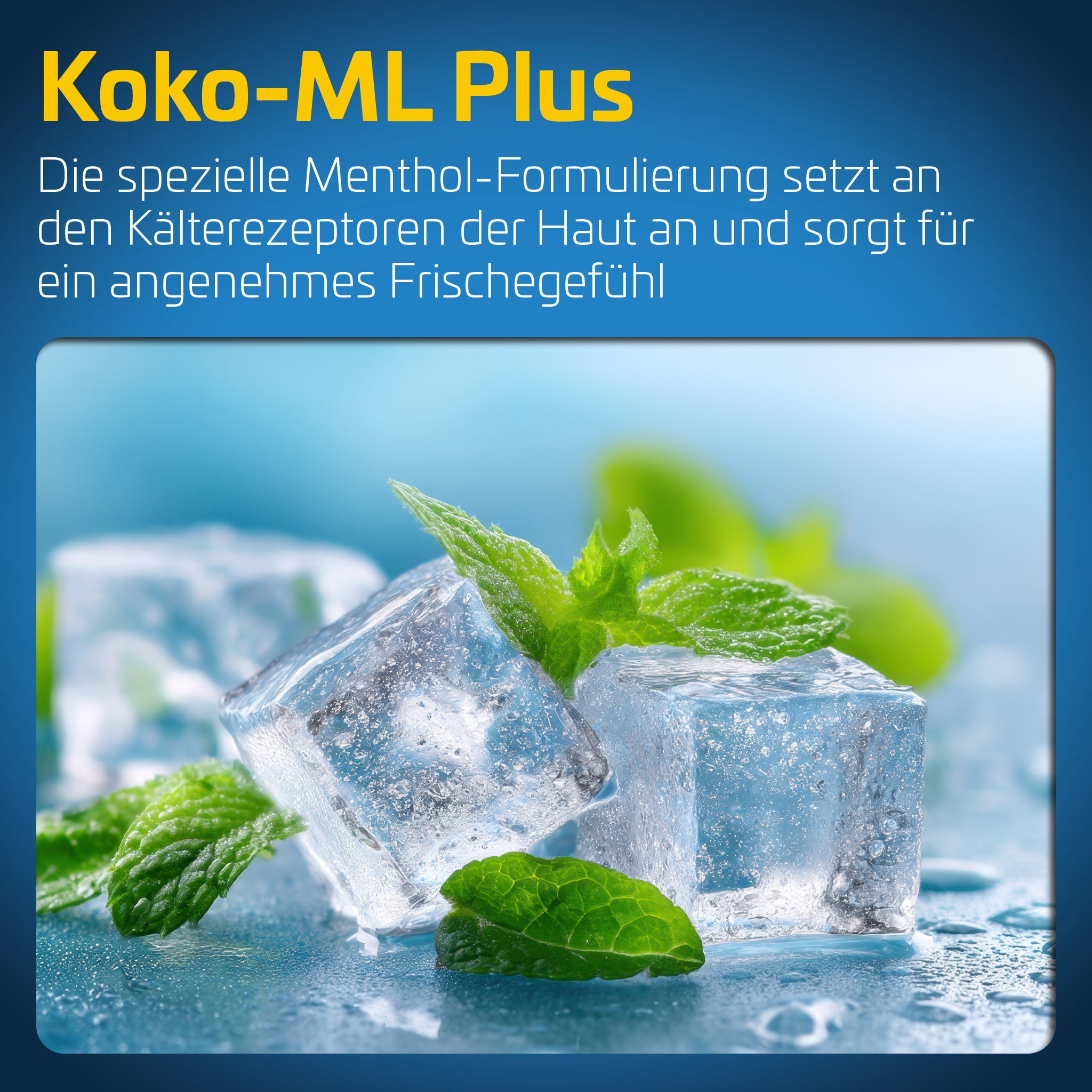 Koko-ML Plus – spezielle Menthol-Formulierung für ein Frischegefühl: Eiswürfel mit frischen Minzblättern auf kühler Oberfläche als Symbol für Aktivierung der Kälterezeptoren und angenehme, kühlende Wirkung auf der Haut.