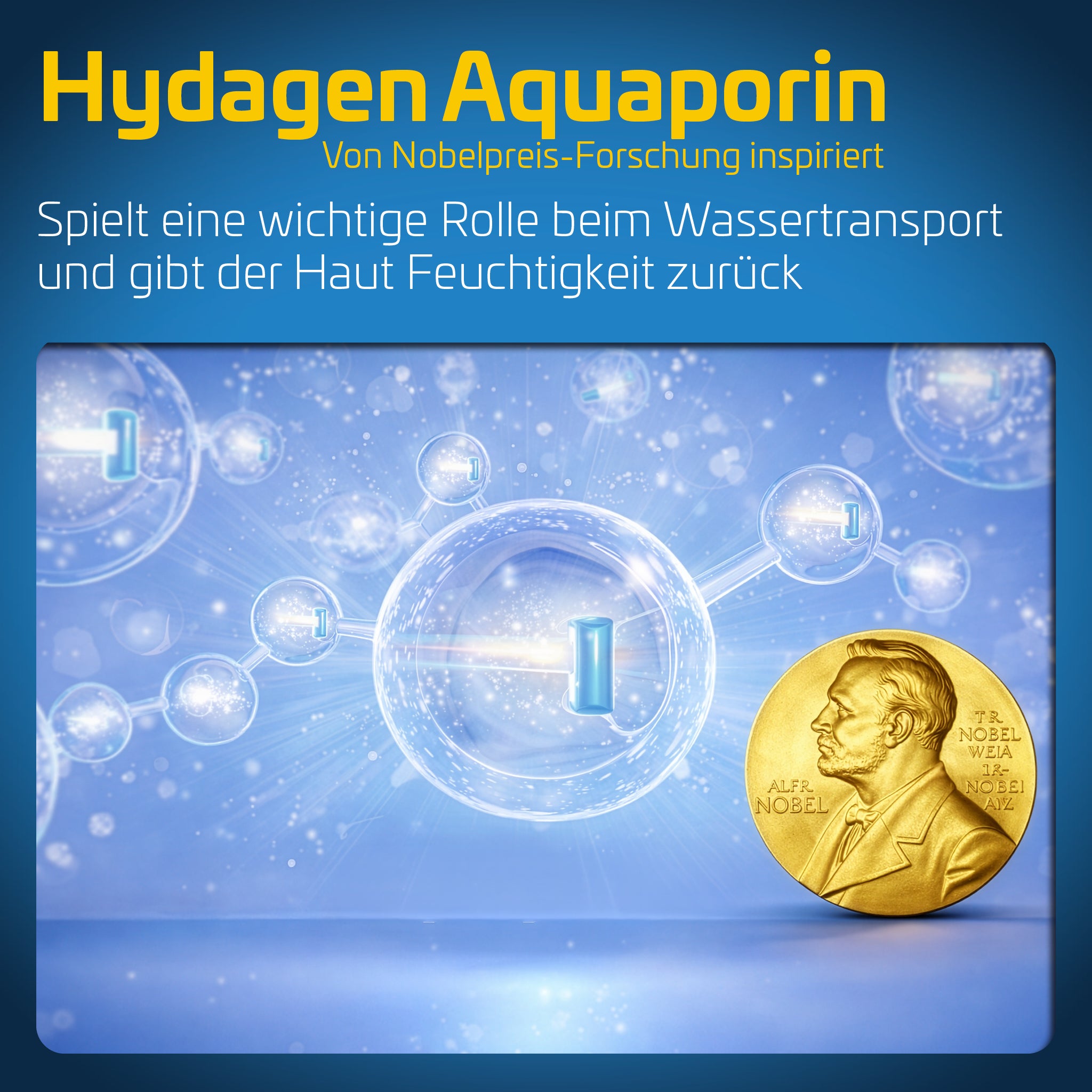 Hydagen Aquaporin – von der Nobelpreis-Forschung inspiriert: Visualisierung von Wassertransport durch Zellkanäle mit Molekülstruktur im Hintergrund und einer Nobelpreis-Medaille als Symbol für wissenschaftliche Grundlage; Fokus auf Hautfeuchtigkeit und Hydration.