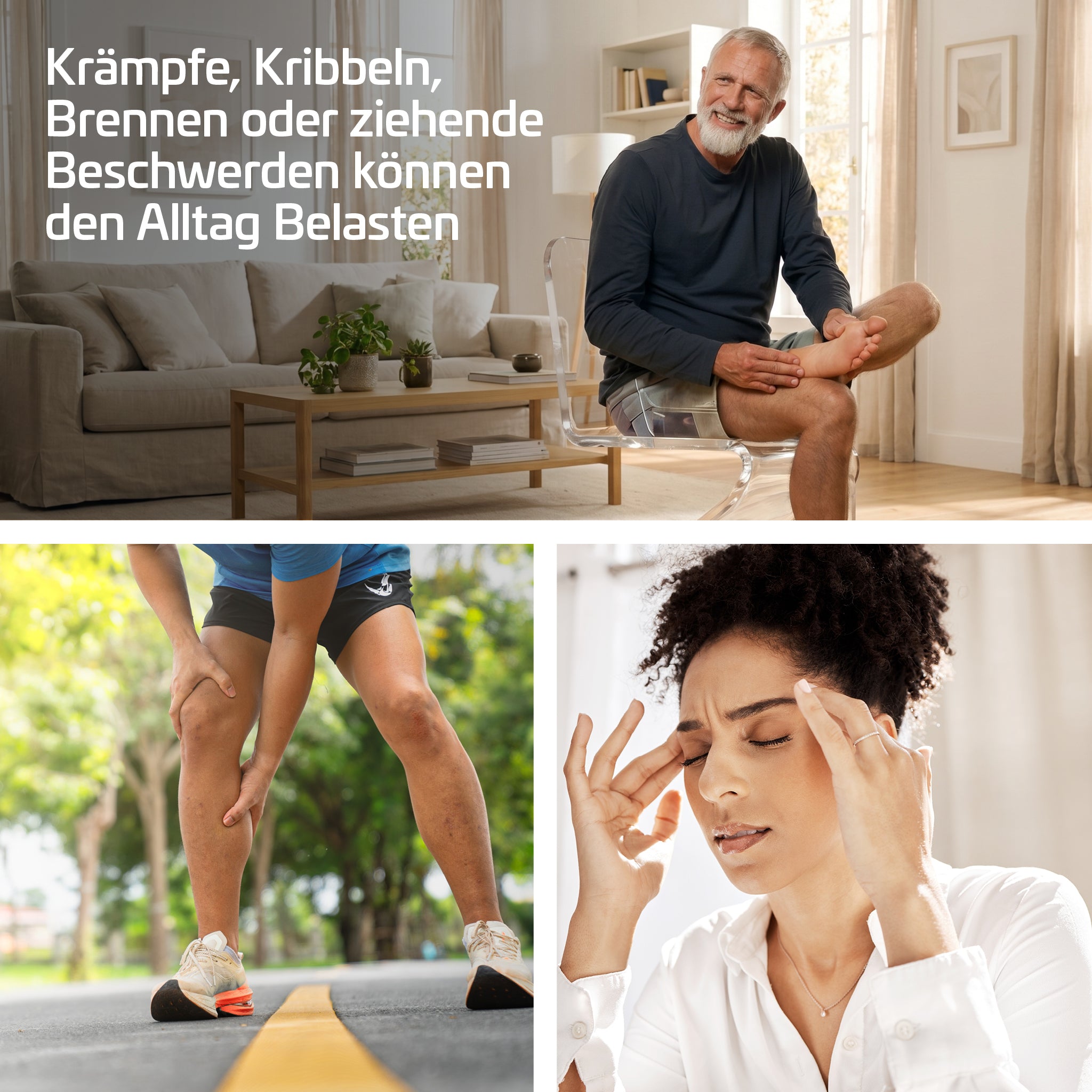 Alltagsszenen mit Krämpfen, Kribbeln, Brennen und ziehenden Beschwerden.