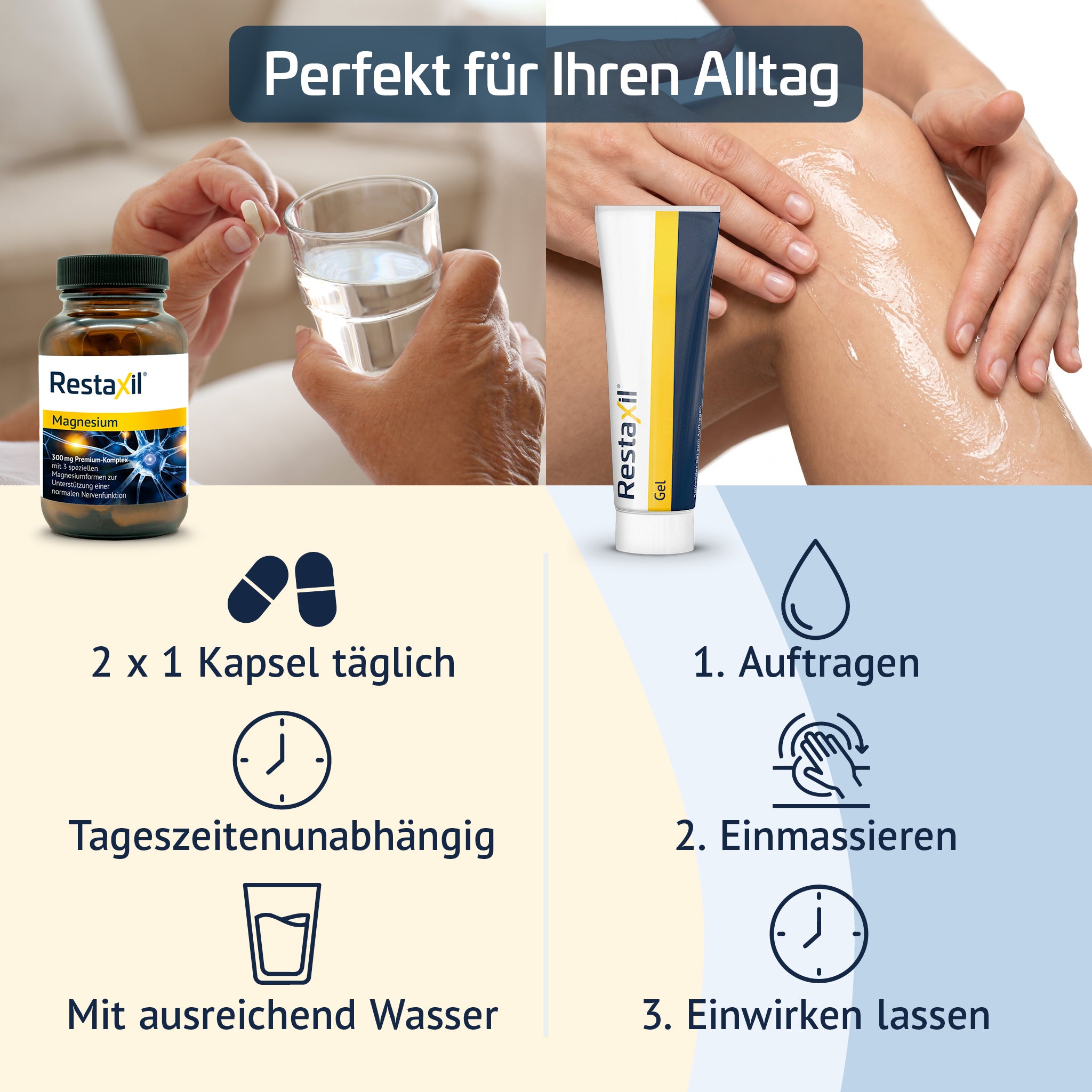 Restaxil Magnesium und Gel, natürliche Anwendung und Dosierung im Alltag.