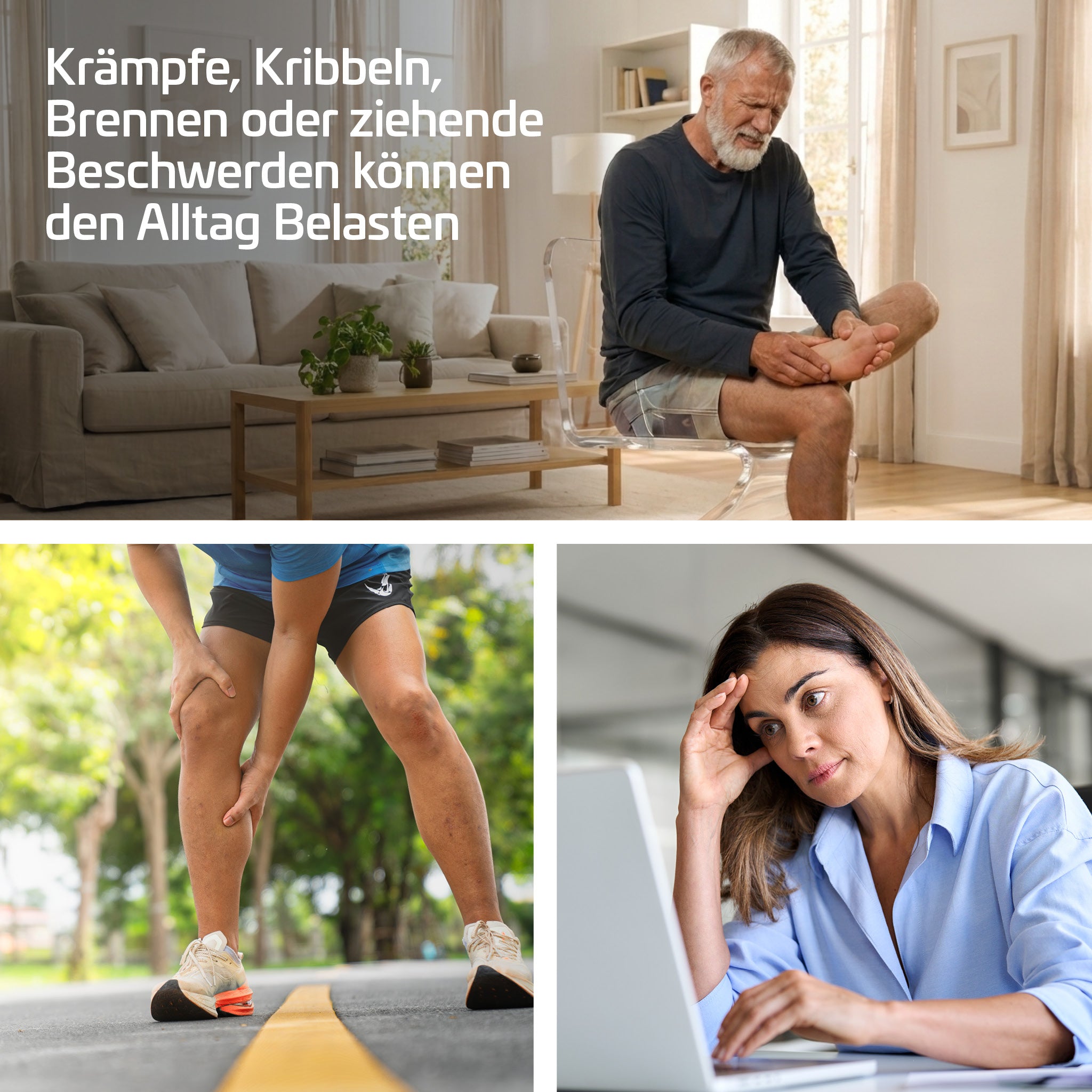 Collage: Mann mit Fußkrampf, Sportlerin hält Wade, Frau mit Kopfschmerz